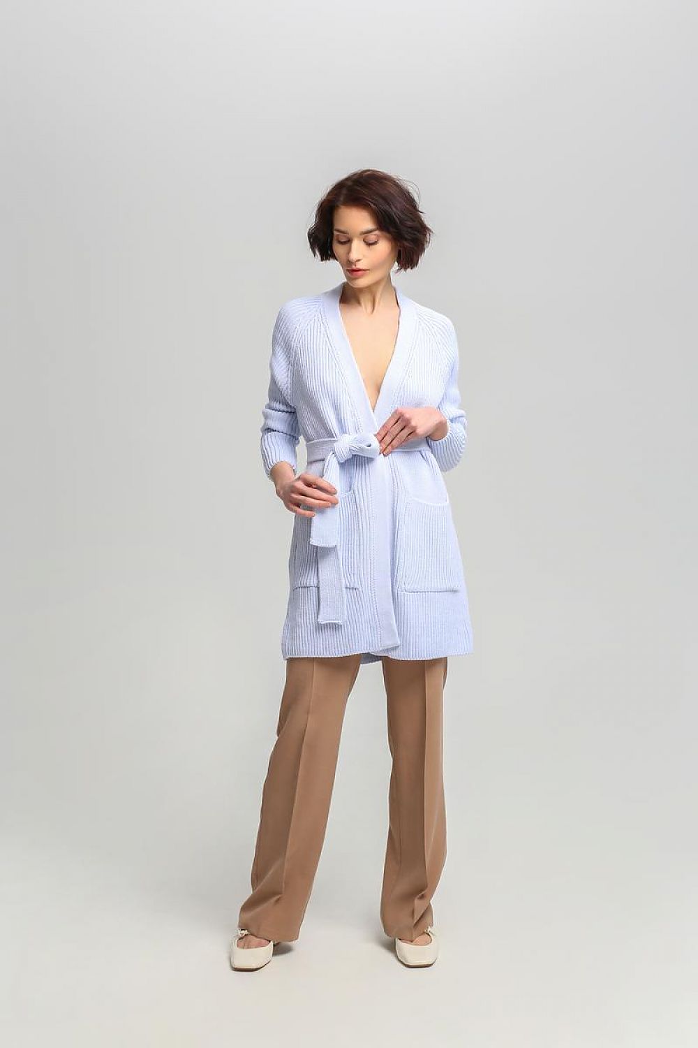 Krohn-e | Lang Rib-strickjacke Gürtel in Der Taille Elegant und Warm