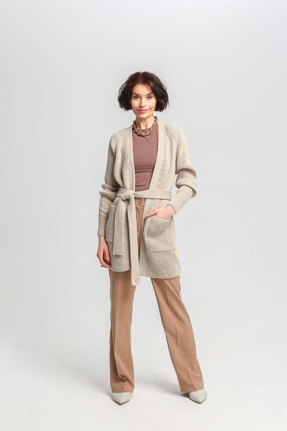 Krohn-e | Lang Rib-strickjacke Gürtel in Der Taille Elegant und Warm