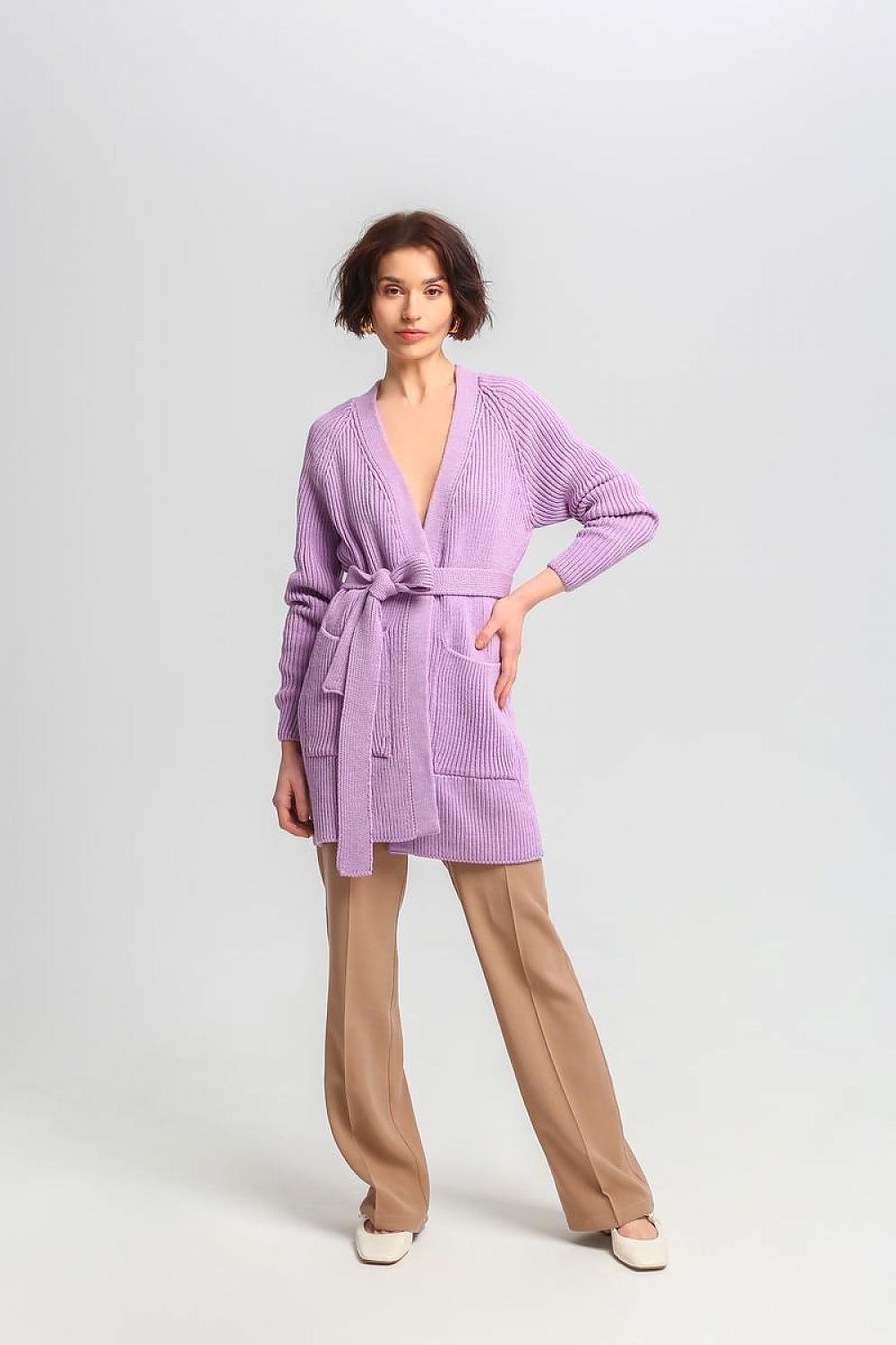 Krohn-e | Lang Rib-strickjacke Gürtel in Der Taille Elegant und Warm