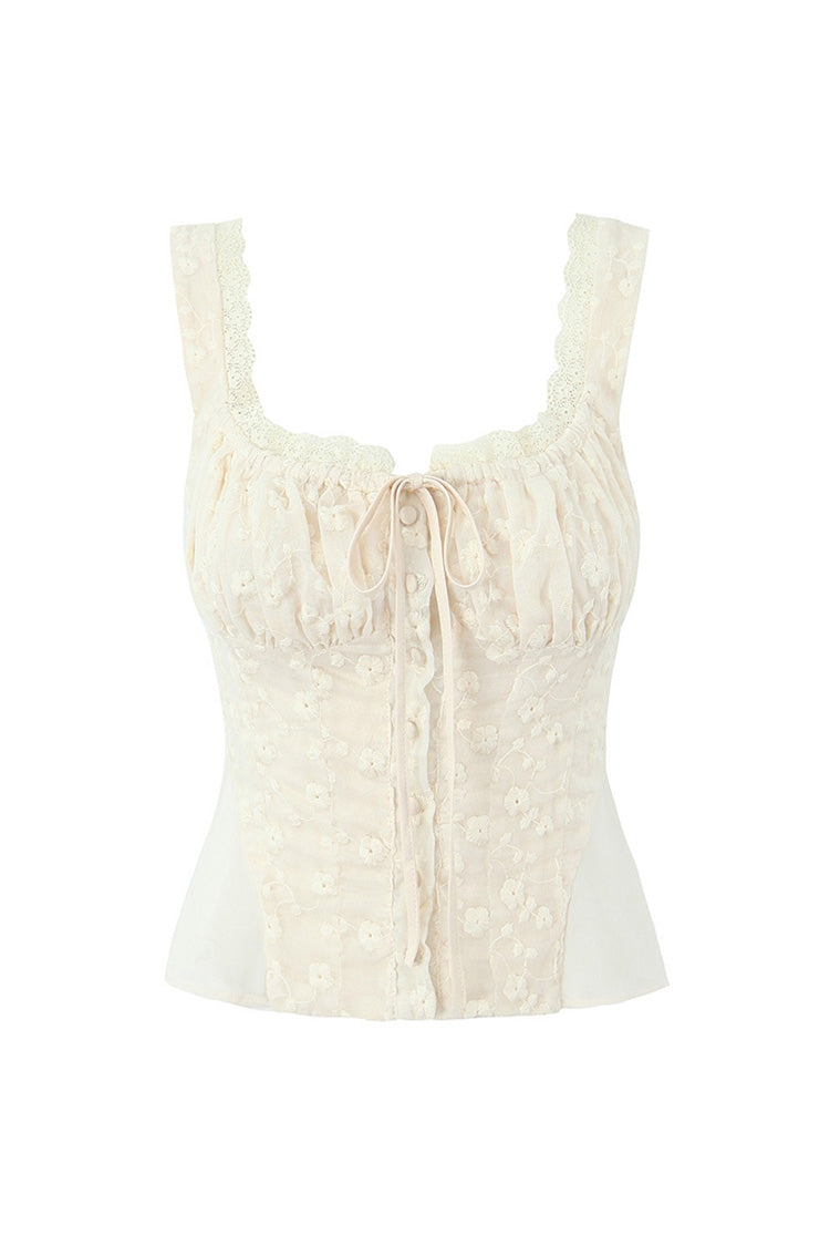 Floral Embroidered Lace Bow Button-Up Chiffon Peplum Crop Tank Top by Fudus