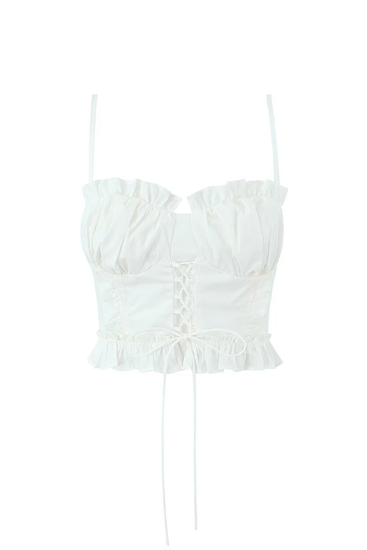 Fudus Ruffled Bustier Top with Spaghetti Straps, Lacing, and Bow