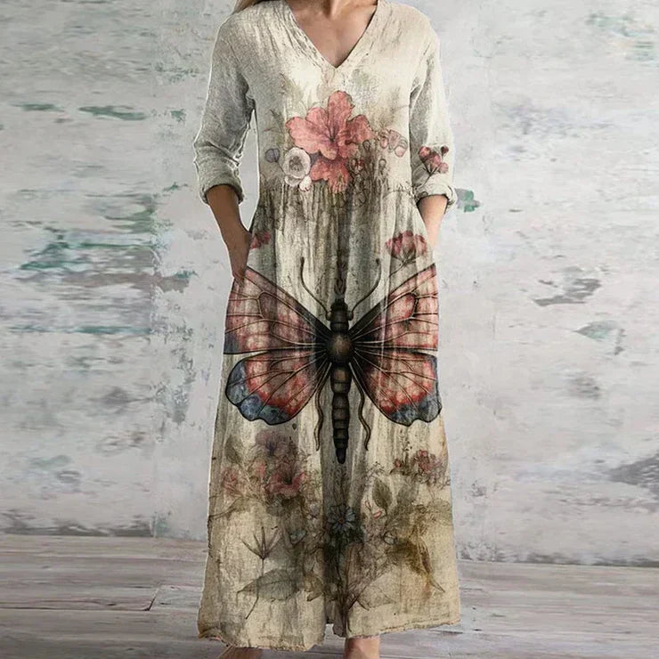 KROHN-E Damen Retro Maxi-Kleid Vintage Blumen Fließend