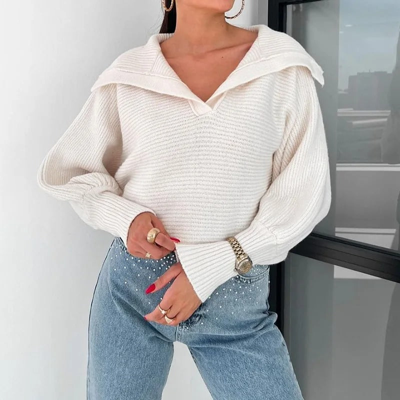 Krohn-e | Strickpullover mit Laternenärmeln und offenem Kragen