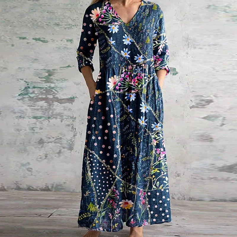 KROHN-E Damen Retro Maxi-Kleid Vintage Blumen Fließend