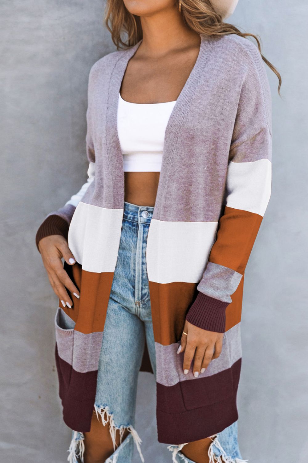 Krohn-e | Farbblock Offene Front Rippbündchen Cardigan mit Taschen