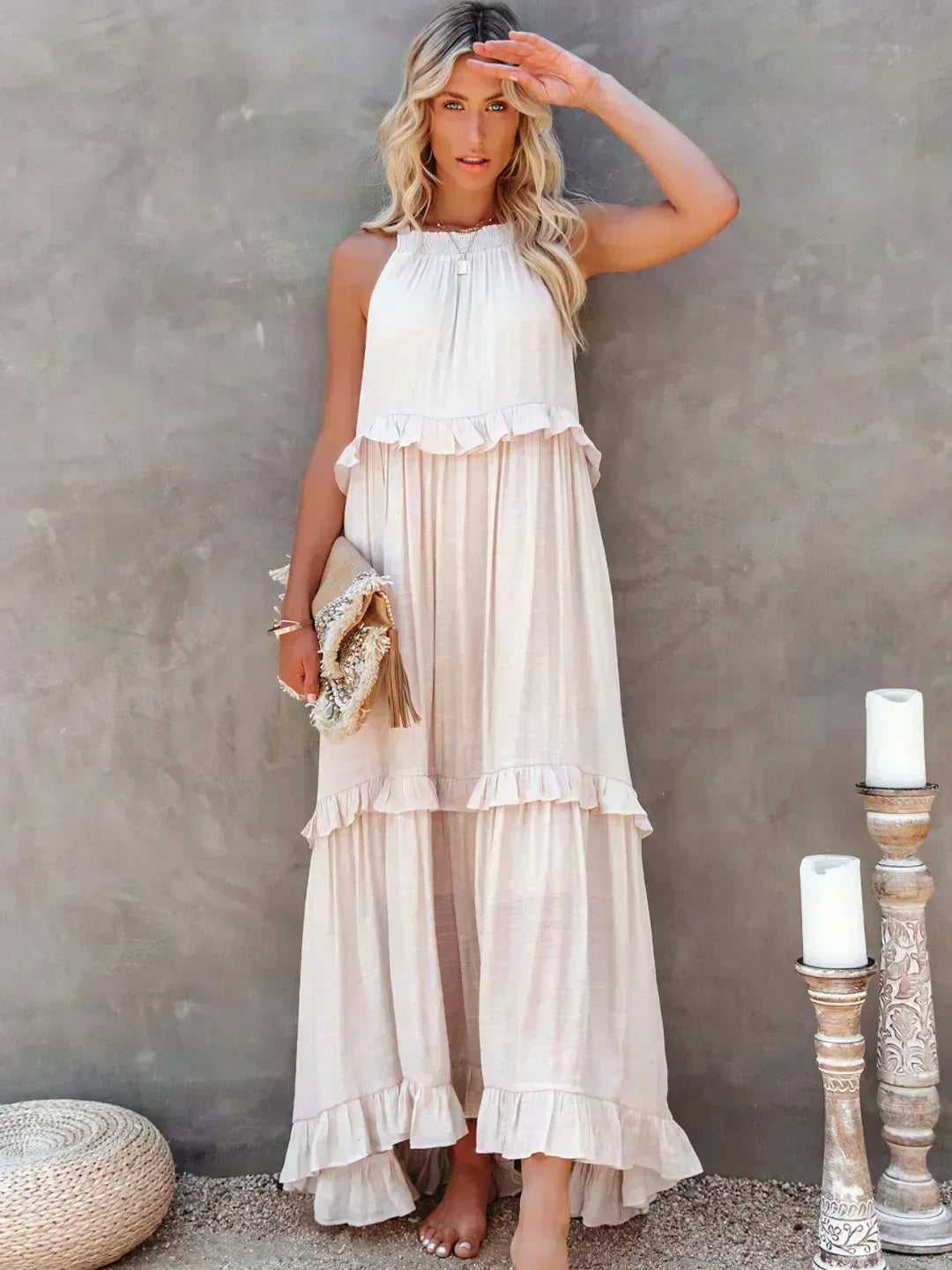 KROHN-E Damen Ärmelloses Kleid Rüschen Fließend Sommerkleid