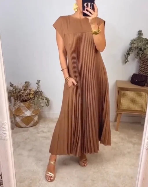 KROHN-E Damen Maxi-Kleid Plissiert Fließend Elegant Vielseitig