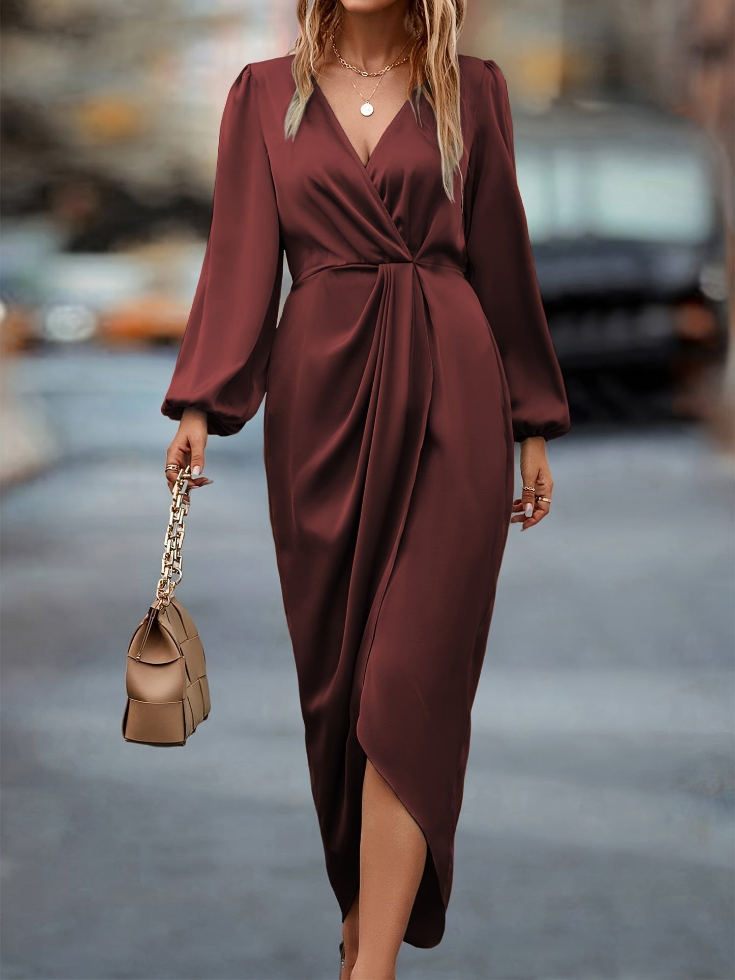 Vera | Damen Satin Wickelkleid Midi Ballonärmel V-Ausschnitt