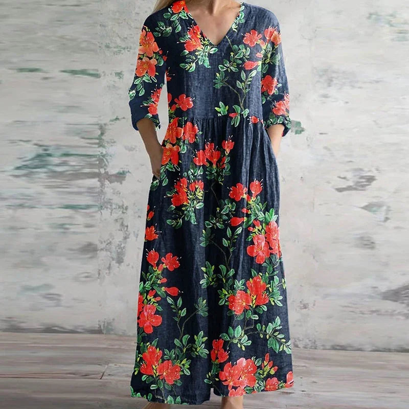 KROHN-E Damen Retro Maxi-Kleid Vintage Blumen Fließend