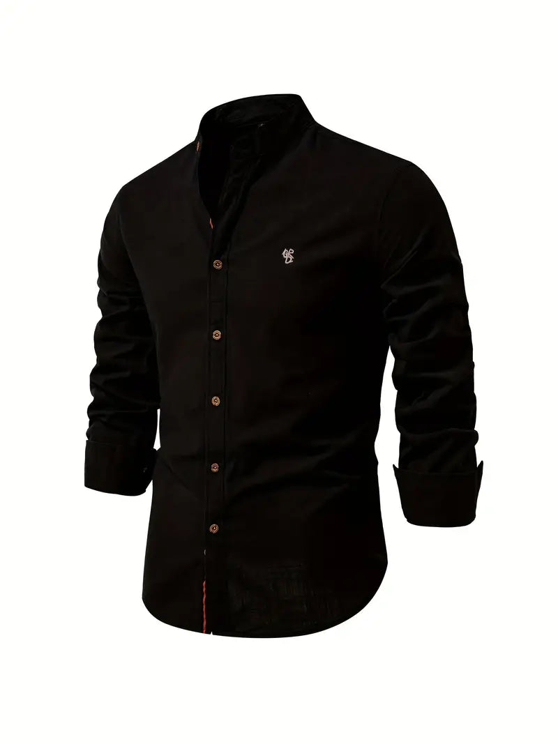 Fello | Herren Stehkragen Hemd Langarm Slim Fit Freizeithemd