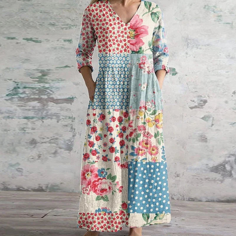 KROHN-E Damen Retro Maxi-Kleid Vintage Blumenmuster