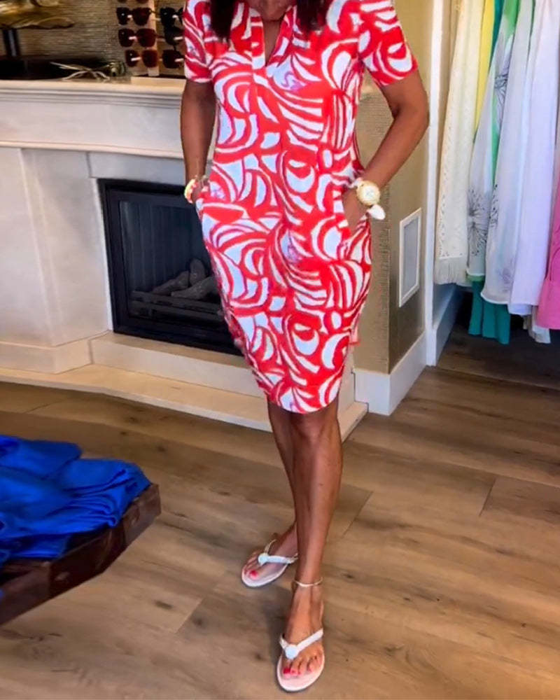 Fudus Damen-Kurzarmkleid mit V-Ausschnitt und Muster