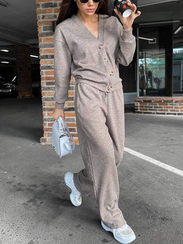 Krohn-e | lässiges V-Ausschnitt Pullover- und Hose-Set