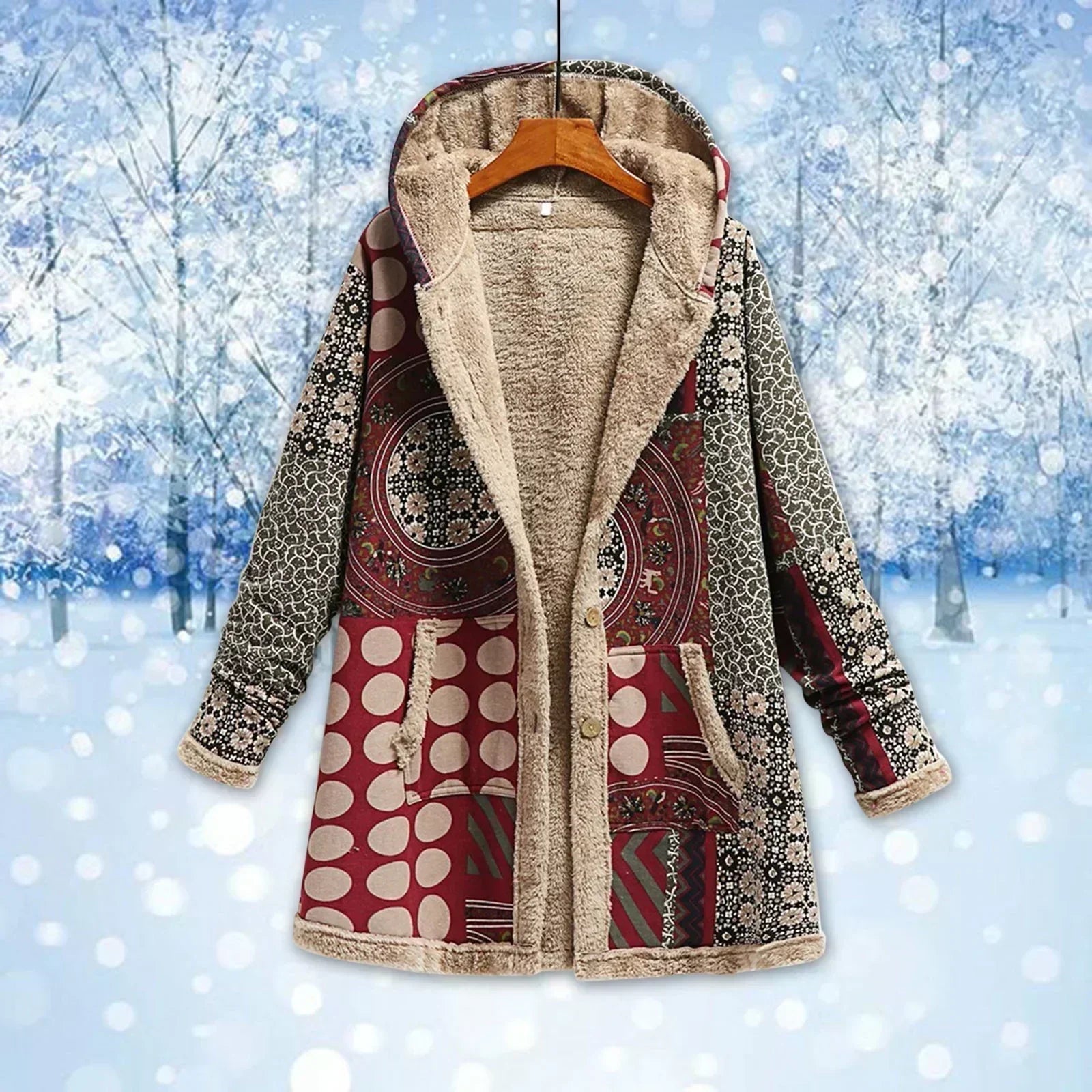 Krohn-e | Fleecejacke - Relaxed Fit - Kapuze - Patchwork - Langes Modell - Lässiger Stil