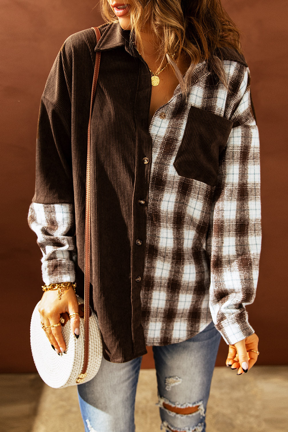 Krohn-e | Karierte Farbblock Gefallen Schulter Corduroy Shacket