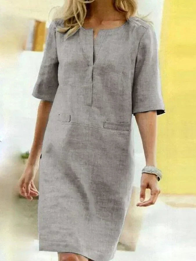 Krohn-e | Damen Kurzarm Baumwolle und Leinen Kleid