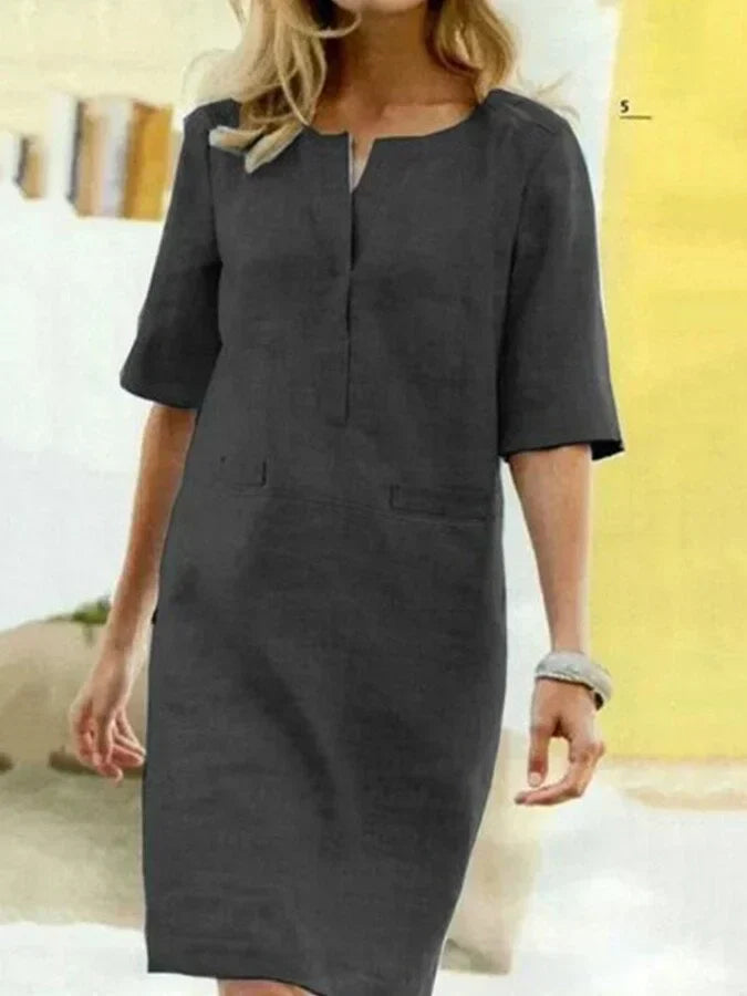 Krohn-e | Damen Kurzarm Baumwolle und Leinen Kleid