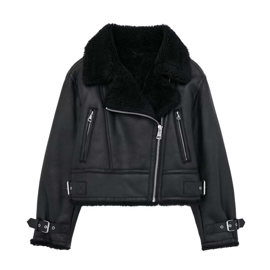 Krohn-e | Damen Faux-Lederjacke mit Pelzkragen