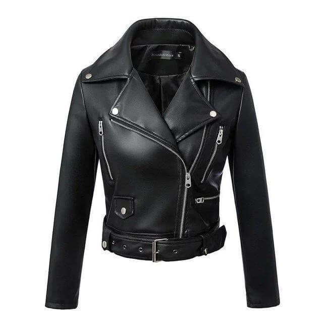 Krohn-e | Damen Kunstleder Bikerjacke mit Gürtel