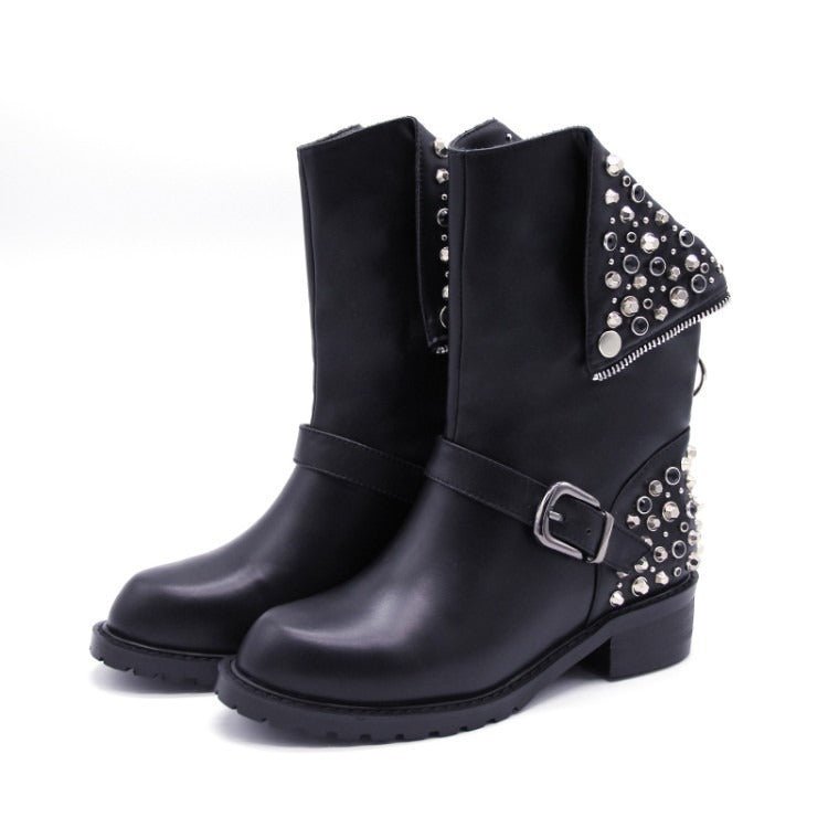 Krohn-e | Bikerstiefel für Damen mit Schnalle Silberne Nieten