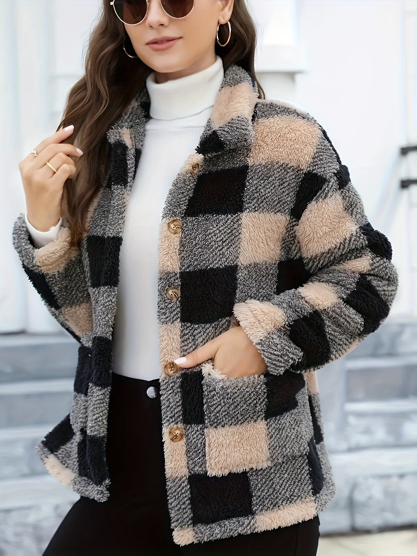 Krohn-e | Gitter Teddyjacke mit Knöpfen und Taschen Polyester Warm und Stilvoll