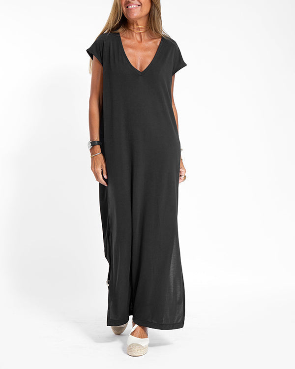 KROHN-E Damen Maxi-Kleid V-Ausschnitt Kurzarm Terrakotta Seitenschlitz