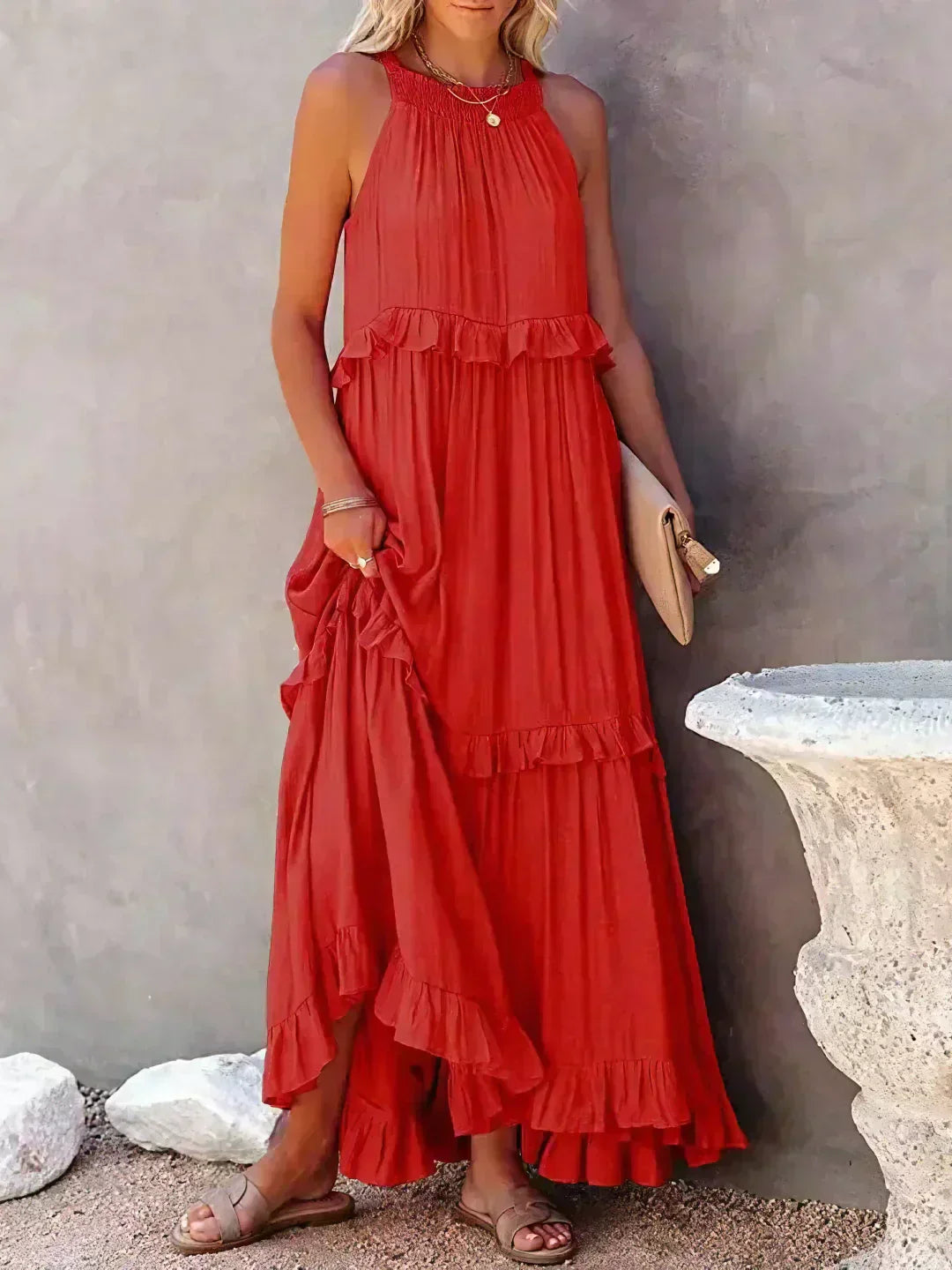 KROHN-E Damen Ärmelloses Kleid Rüschen Fließend Sommerkleid Romantisch