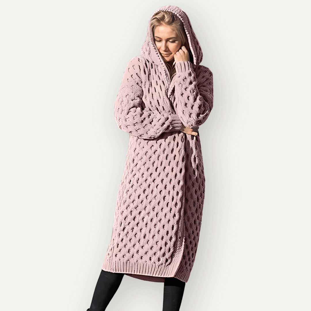 Krohn-e | Strickjacke - Lockere Passform - Langes Modell - Kapuze - Zopfmuster - Offene Vorderseite