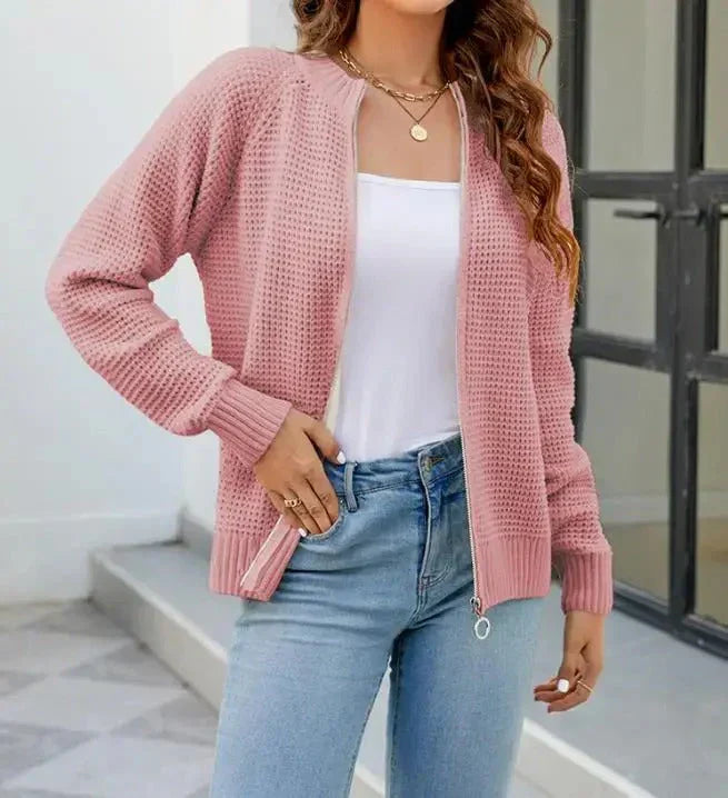 Krohn-e | Cardigan - Damen Herbst Einfarbiger Reißverschluss Strickcardigan