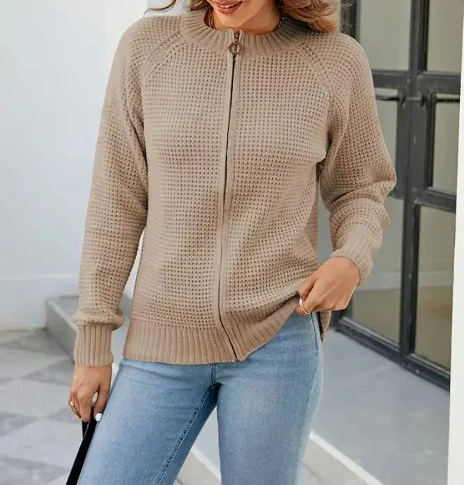 Krohn-e | Cardigan - Damen Herbst Einfarbiger Reißverschluss Strickcardigan