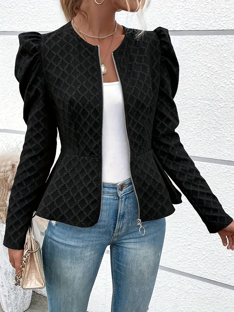 Avelena: Eleganter Blazer mit Rundhals, Reißverschluss und Puffärmeln