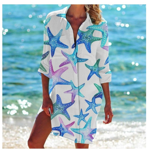 Strandkleid, Strickjacke, Badeanzug, Damenmode,  Fudus Print-Hemd für den Urlaub