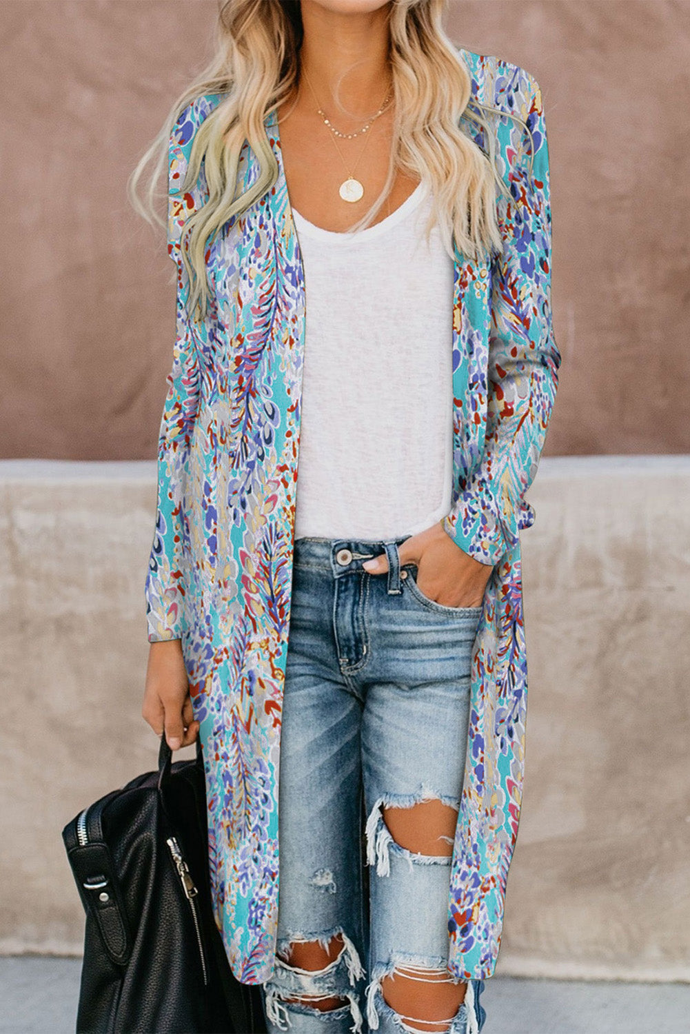 Krohn-e | Bedruckter Offene Front Langarm Cardigan
