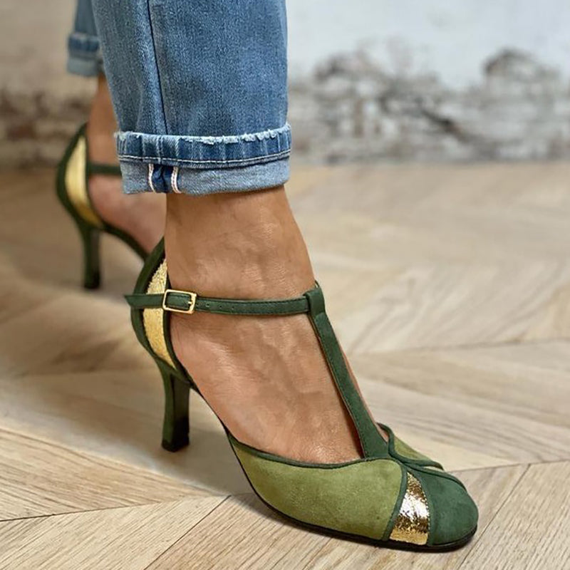 KROHN-E Damen High Heels Patchwork Grün T-Riemen