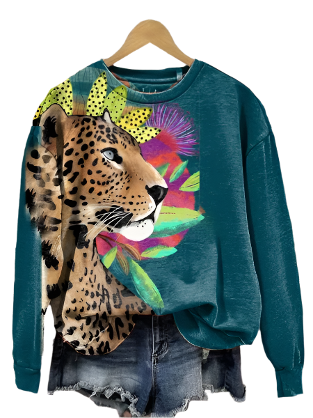 Damen Sweatshirt mit Langarm, Tier- und Blumenmuster von Fudus