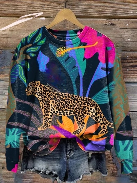 Fudus Langarmsweatshirt mit Rundhalsausschnitt und Leopardenblumen-Print