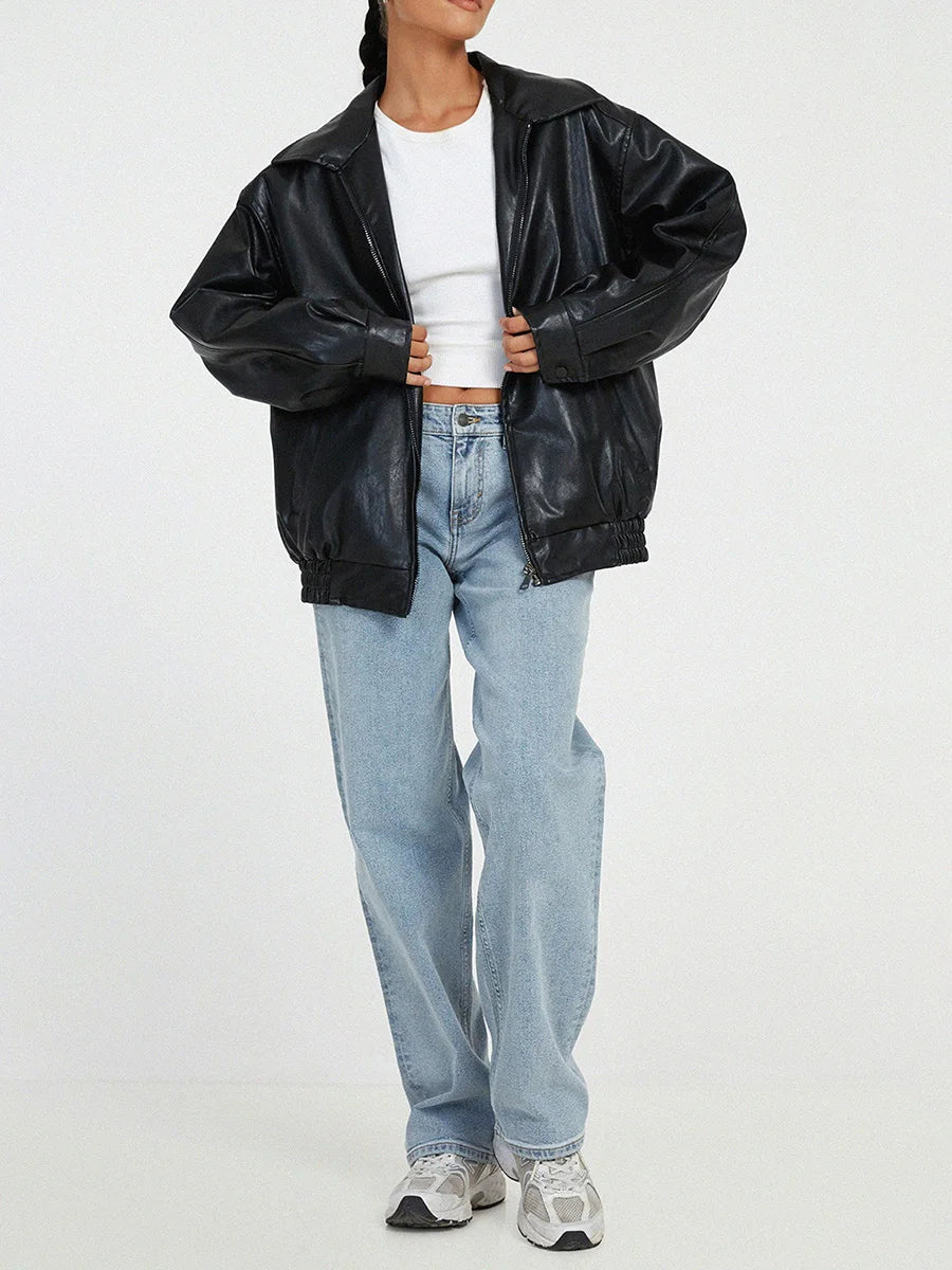 Moderne Oversize Lederbomberjacke