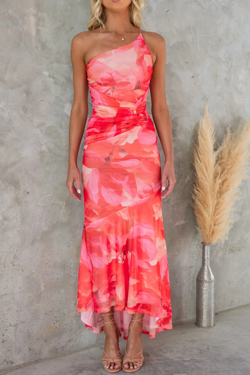 KROHN-E Damen Plissee-Kleid Elegant Midi-Länge Rosa Sommerkleid