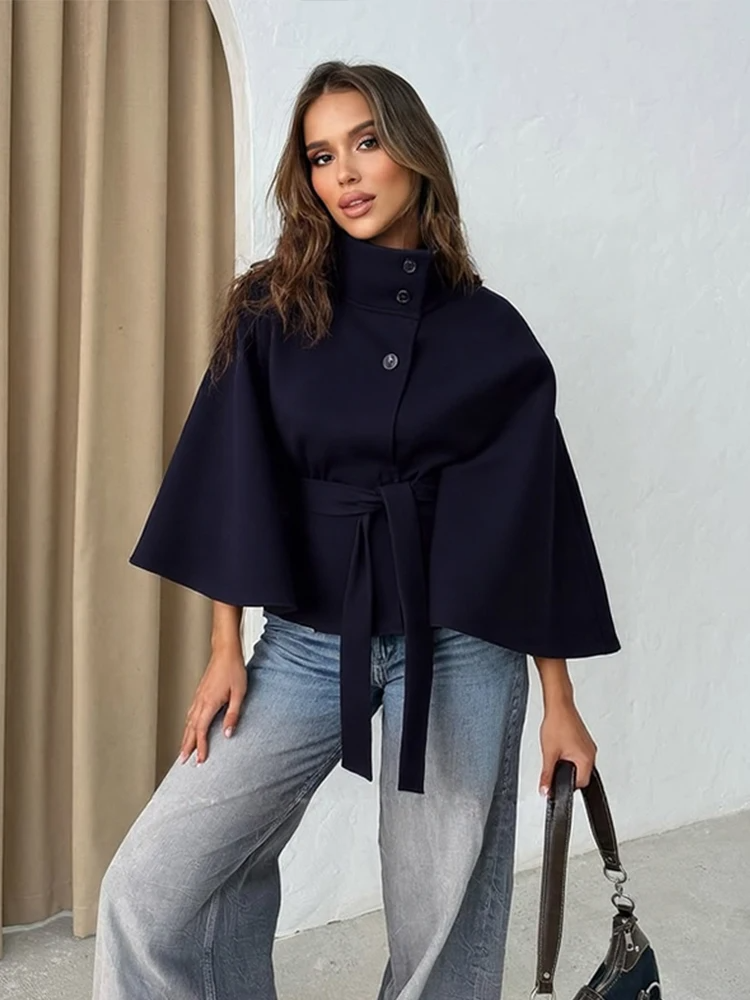 Krohn-e | Cape Coat - Wollmischung - Lockere Passform - Hoher Kragen - Taillengürtel
