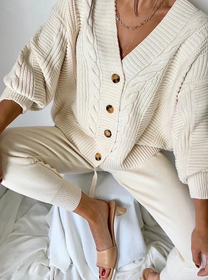 Krohn-e | Wollmix Damen Strickkleidung Satz mit Übergröße Cardigan