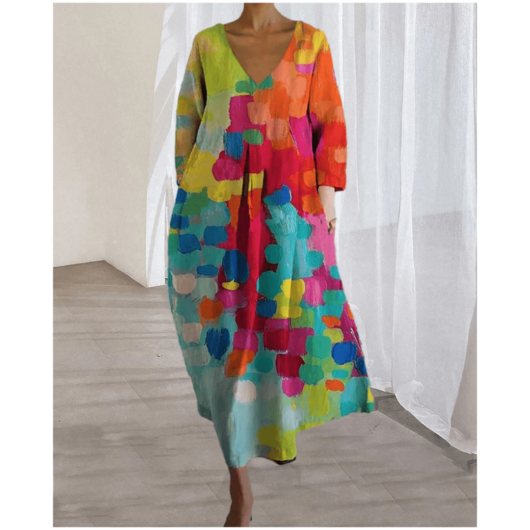 Maxikleid Drelhilde mit V-Ausschnitt in bunten Farben