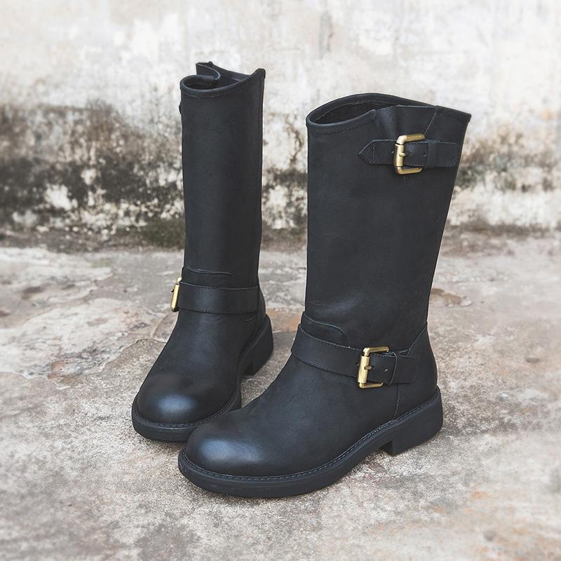 KROHN-E Damen Stiefeletten Schnallen Design Braun Herbst