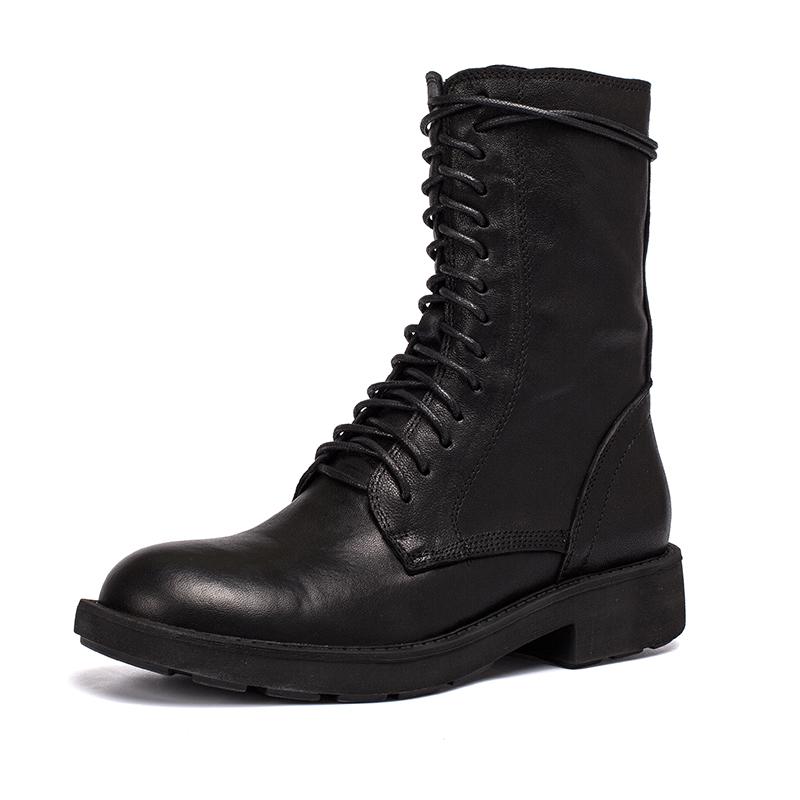 KROHN-E Damen Ankle Boots Klassisch Robust Schwarz Leder