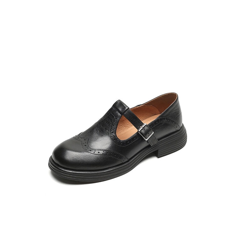 KROHN-E Damen T-Spangen Brogue Schuhe Blockabsatz Klassisch