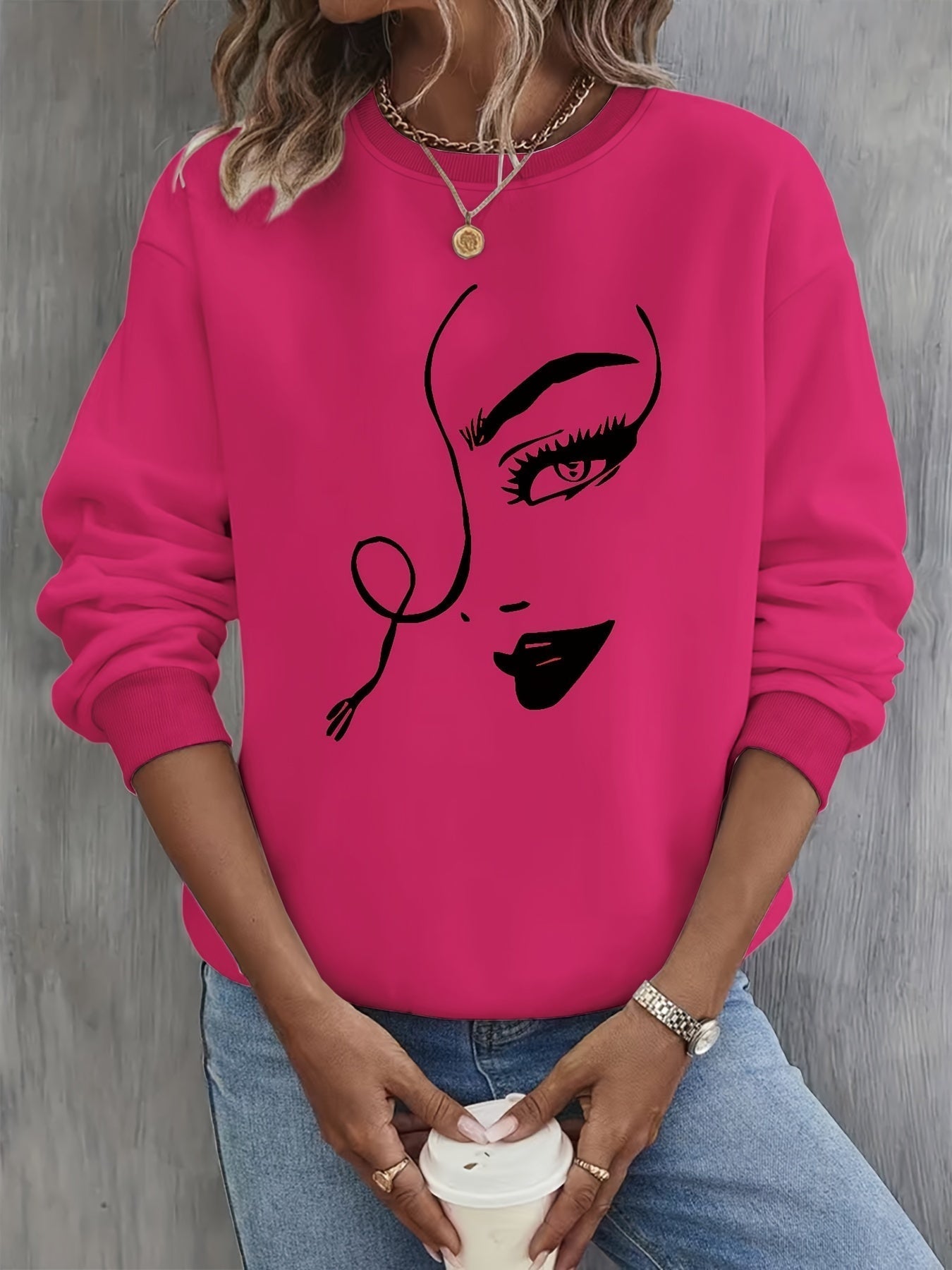 Krohn-e | Sweatshirt mit Künstlerischem Gesicht Baumwolle Trendy und Bequem
