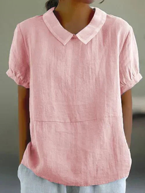 KROHN-E Damen Bluse kurzarm Peter-Pan-Kragen Leinen-Optik hellblau