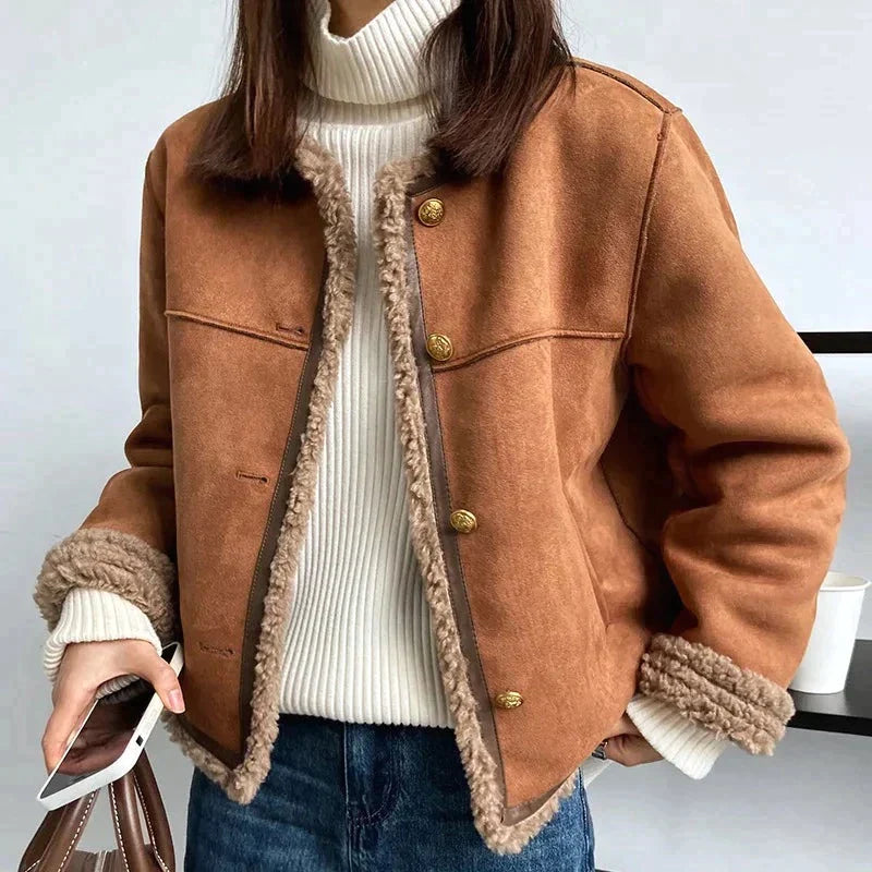 Krohn-e | Braune Damenjacke mit Fleecefutter und Knöpfen