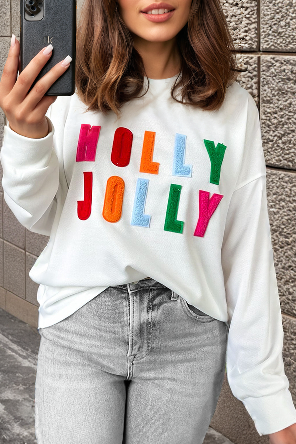 Fudus Chenille Holly Jolly Graphic Long-Sleeve Top