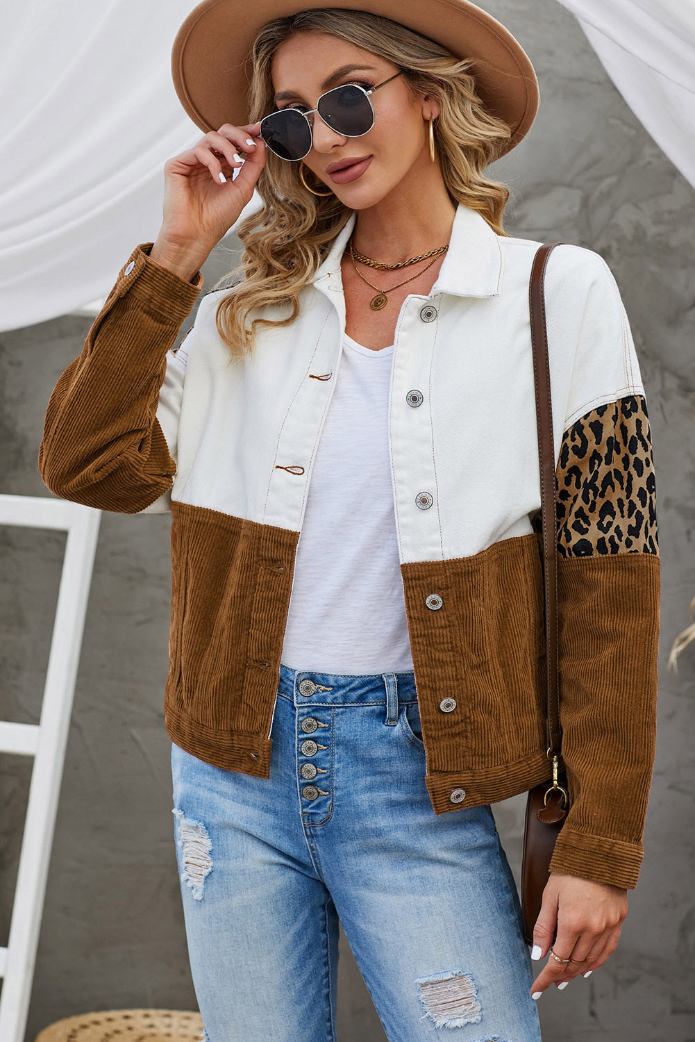 Krohn-e | Leopard Farbblock Knopfleiste Cord Baumwolljacke