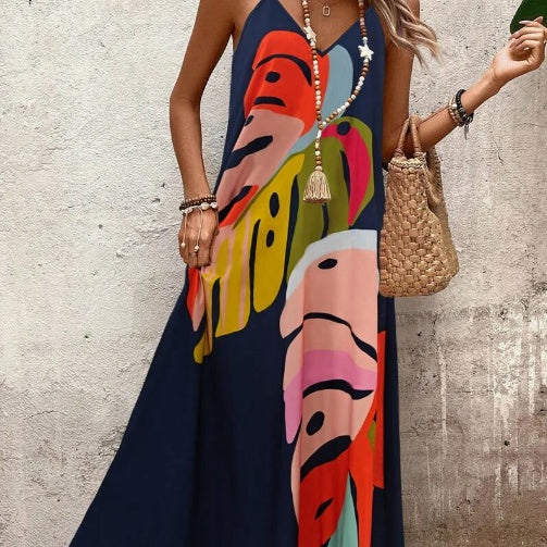KROHN-E Damen Maxi-Kleid Blätter-Print Fließend